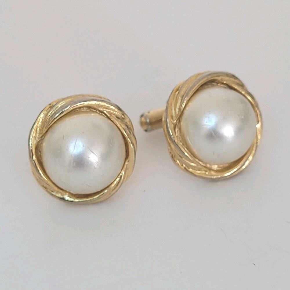 Unbranded Cufflinks‎ Gold Large Faux Pearl Tone Logo Round Vintage Retro